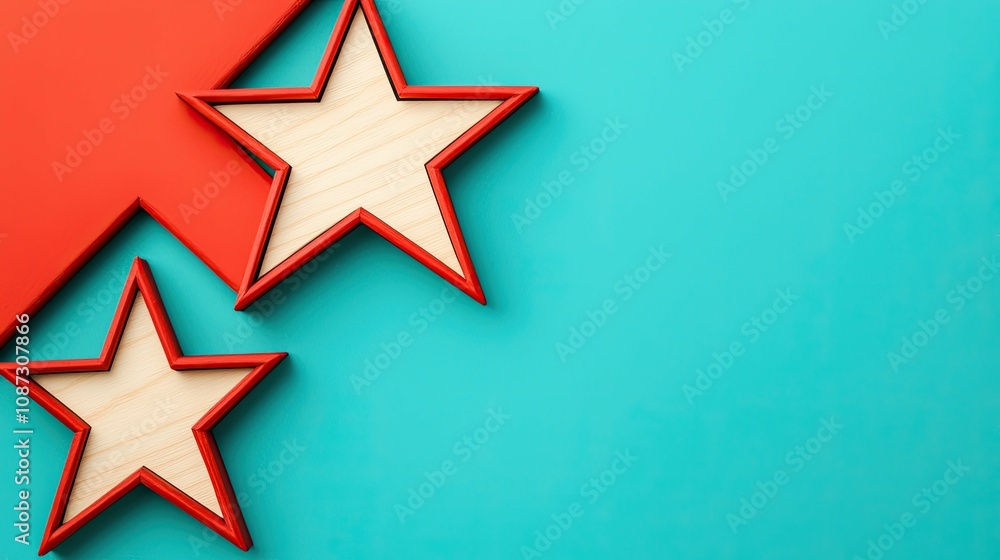 Fototapeta premium christmas pattern and minimalist stars, A vibrant teal background features red and cream stars, creating a playful and festive atmosphere ideal for decorations or celebrations.