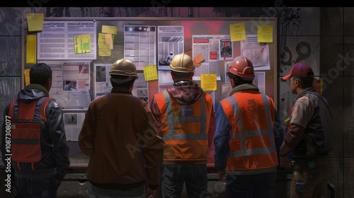 Construction Workers Reading Bulletin Board