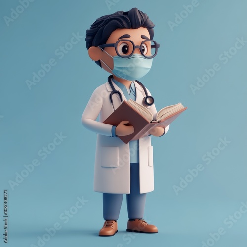 Cartoon Doctor Reading a Book with Mask