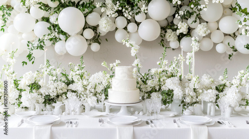 elegant wedding table setting with white flowers and balloons, creating serene atmosphere