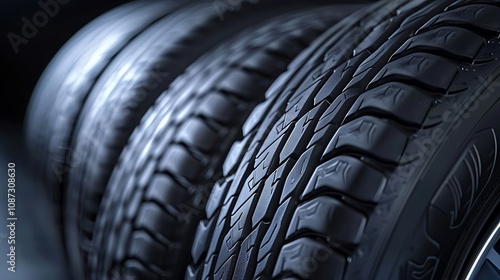 A close-up view of multiple car tires showcasing their tread patterns and texture. photo