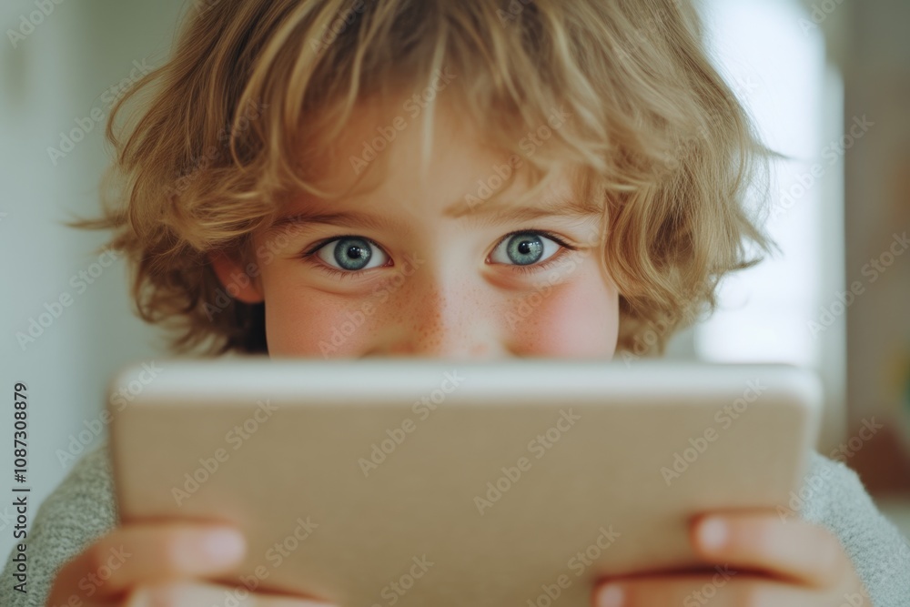 Joyful Child in Trendy Clothing Holding Tablet Joyful Child in Trendy Clothing Holding Tablet