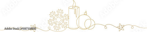Continuous line drawing of Christmas greeting card. Festive candle with snowflake and star for winter xmas holiday concept in simple line art