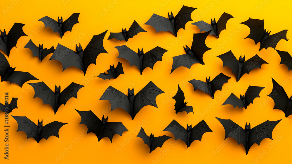 Black Paper Bats Scattered on a Vibrant Yellow Background, Creating a Festive Halloween Atmosphere Black Paper Bats Scattered on a Vibrant Yellow Background, Creating a Festive Halloween Atmosphere