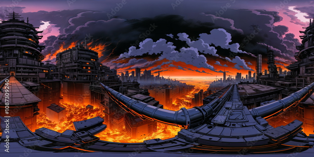 Full 360 degrees seamless spherical panorama HDRI equirectangular projection of inferno industrial cityscape factory. Texture environment map for lighting and reflection source rendering 3d scenes. Full 360 degrees seamless spherical panorama HDRI equirectangular projection of inferno industrial cityscape factory. Texture environment map for lighting and reflection source rendering 3d scenes.