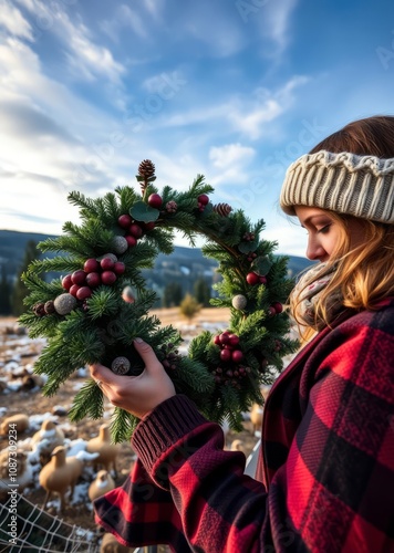 Woman doing christmas fir wreath with natural materials christmas wreath decoration holiday frame