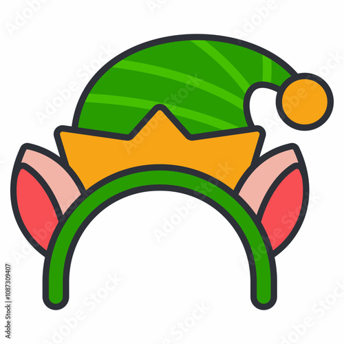 Christmas headband with elf ears and hat vector cartoon illustration isolated on a white background.