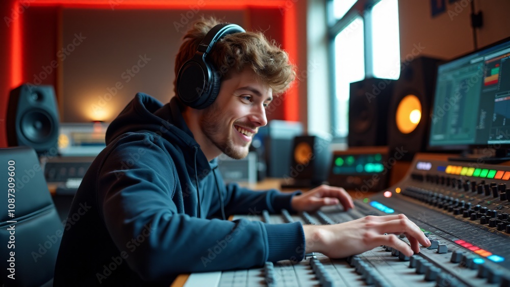 Smiling audio engineer wearing headphones and adjusting controls on a professional mixing board in a vibrant studio setting. Ideal for music production, sound engineering, and creative industries. Smiling audio engineer wearing headphones and adjusting controls on a professional mixing board in a vibrant studio setting. Ideal for music production, sound engineering, and creative industries.
