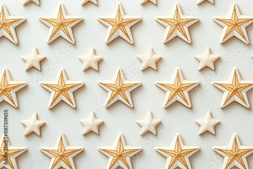 christmas pattern and minimalist stars, A colorful arrangement of star-shaped cookies with decorative icing, creating a festive and playful pattern.