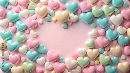 pastel pink and white 3d hearts valentines on the pink background with text copyspace