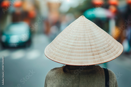 woman wearing traditional vietnamese hat from the back photo