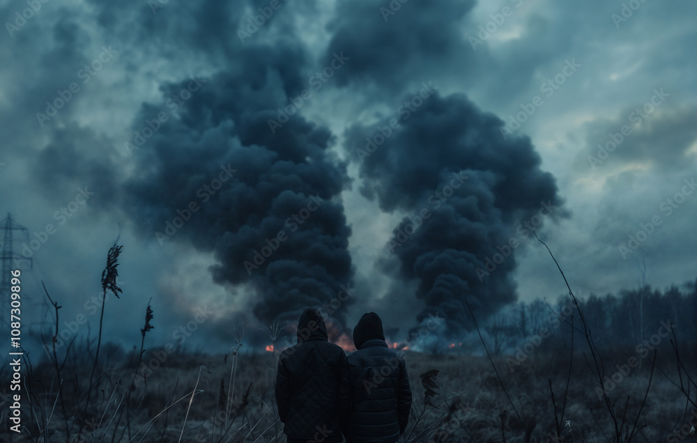 Two people standing together watching smoke billow from a destroyed building Two people standing together watching smoke billow from a destroyed building