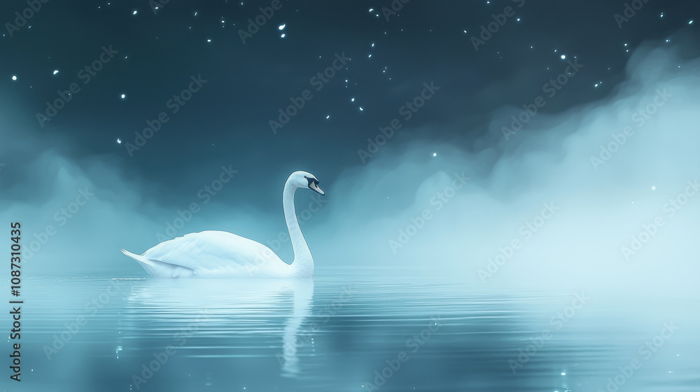 Obraz premium serene white swan gliding on misty lake under starry sky