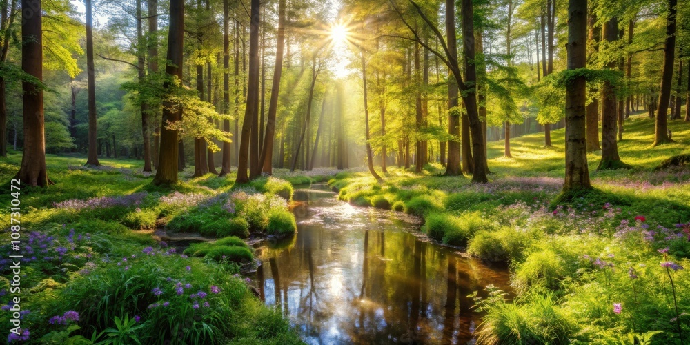 A Stream Meanders Through a Sun-Dappled Forest, Surrounded by Lush Green Foliage and Delicate Wildflowers A Stream Meanders Through a Sun-Dappled Forest, Surrounded by Lush Green Foliage and Delicate Wildflowers