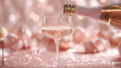 Sparkling rosé being poured into a coupe glass with festive decorations for a celebration during a special occasion