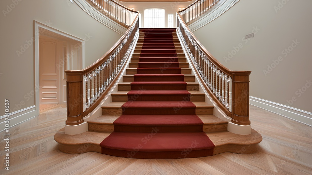 Obraz premium Elegant Grand Staircase with Plush Red Carpet and Crystal Accents - Luxurious Interior Design Featuring Dramatic Lighting and Warm Ambiance