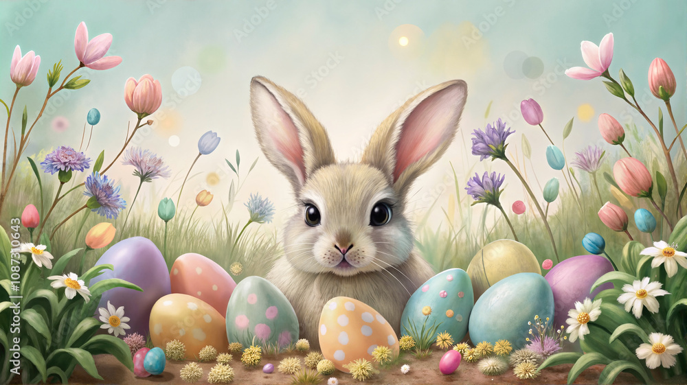 Two Easter bunnies with colorful eggs Two Easter bunnies with colorful eggs