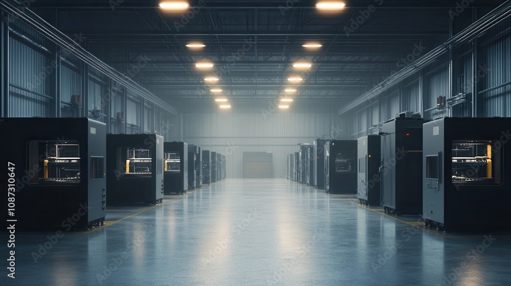 High-tech manufacturing facility with advanced machinery in operation during early evening hours High-tech manufacturing facility with advanced machinery in operation during early evening hours