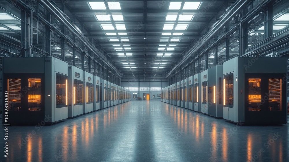 Modern data center with glowing server racks in a spacious industrial facility Modern data center with glowing server racks in a spacious industrial facility