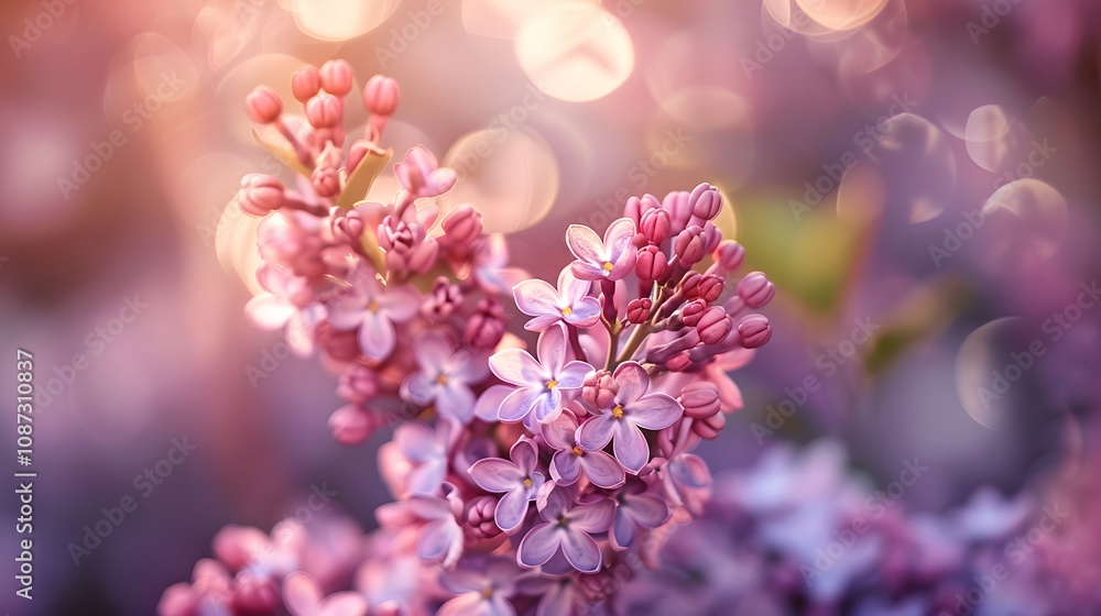 Blooming lilac flowers with dreamy bokeh effects in soft sunset light. Ideal for romantic designs, seasonal greeting cards, or nature-inspired projects Blooming lilac flowers with dreamy bokeh effects in soft sunset light. Ideal for romantic designs, seasonal greeting cards, or nature-inspired projects