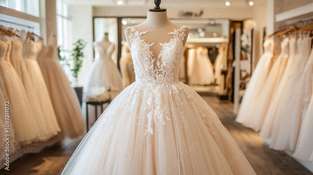 Elegant wedding dress with lace details in bridal boutique setting Elegant wedding dress with lace details in bridal boutique setting
