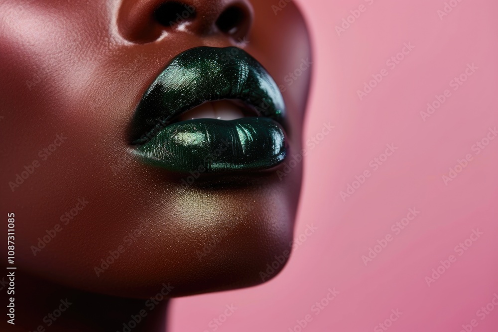 Black Woman with Stylish Green Lipstick in Soft Pink Setting Black Woman with Stylish Green Lipstick in Soft Pink Setting