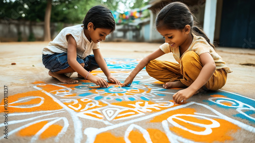 Two children creating a colorful rangoli design on the ground with vibrant patterns in a outdoor setting. photo