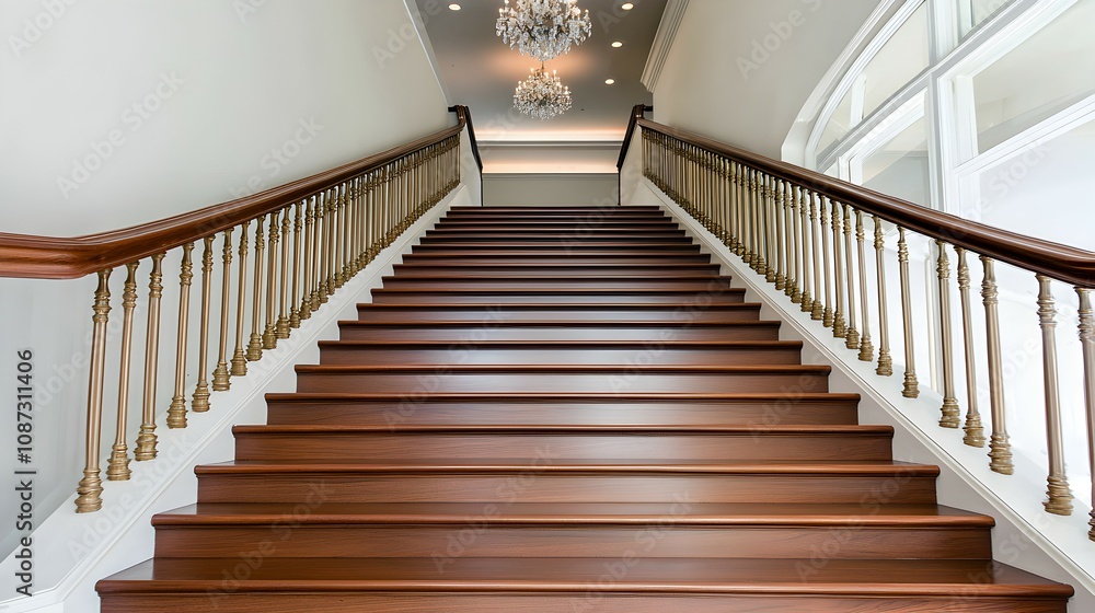 Majestic Double Staircase with Crystal Chandelier - Luxurious Dark Wood and Gold Banisters in Timeless Grandeur Perfect for Elegant Interior Designs and Upscale Real Estate