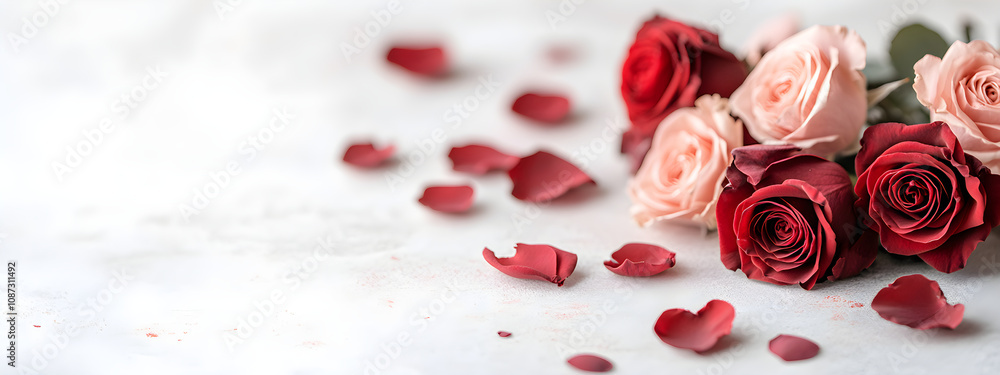 Valentine day greeting post card with roses, petals, glitters, sparkles on bokeh background. Romantic template with copy space for banner, poster Mother’s Day, Woman day, wedding day, birthday Valentine day greeting post card with roses, petals, glitters, sparkles on bokeh background. Romantic template with copy space for banner, poster Mother’s Day, Woman day, wedding day, birthday