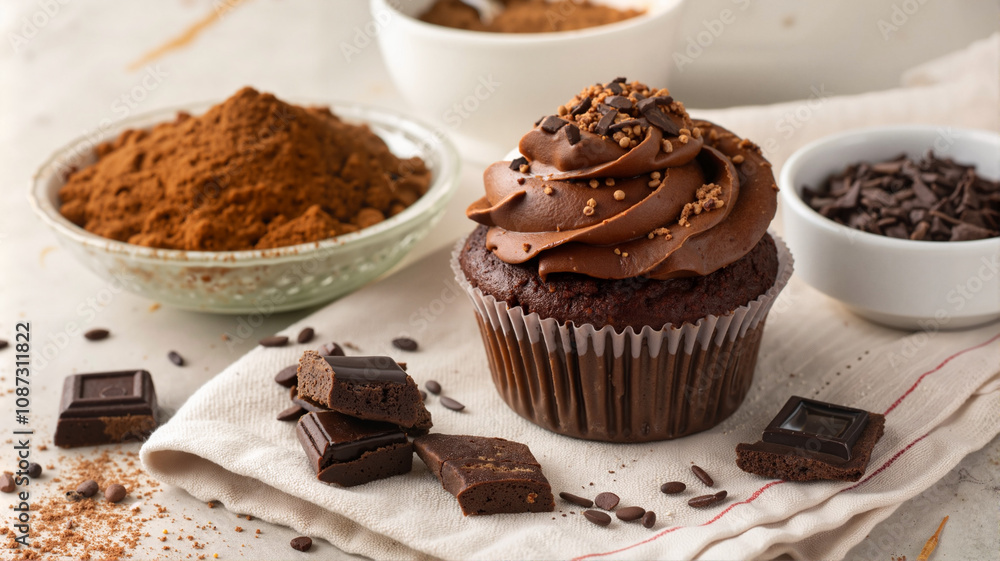 Chocolate cupcake with cocoa and sprinkles Chocolate cupcake with cocoa and sprinkles