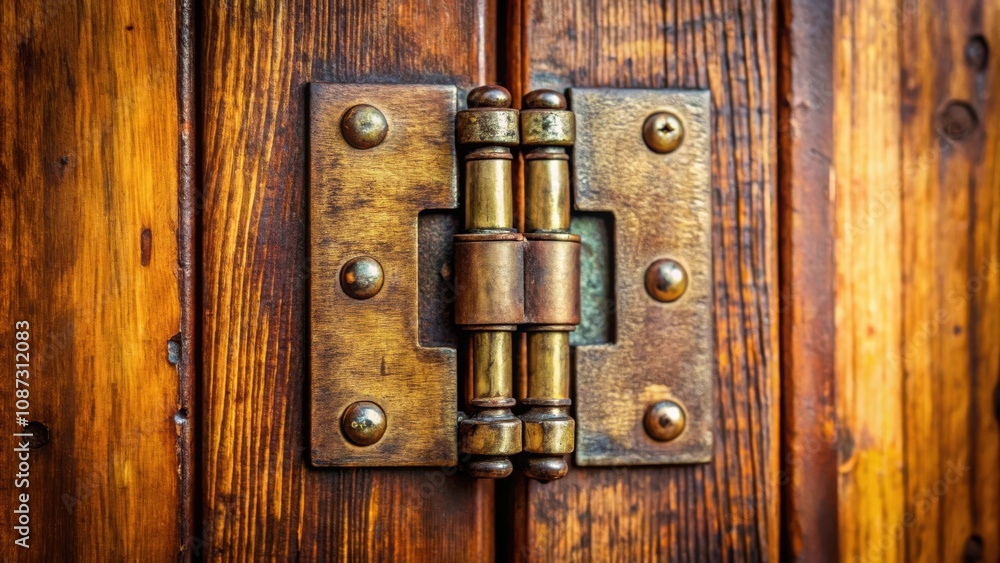 A close-up view of an ornate brass hinge attached to a rustic wooden door, showcasing the intricate details and contrasting textures of metal and wood. A close-up view of an ornate brass hinge attached to a rustic wooden door, showcasing the intricate details and contrasting textures of metal and wood.