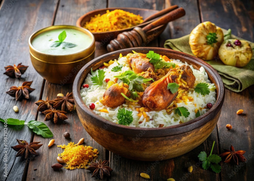 Exquisite Chicken Biryani with White Sauce and Rice - A Culinary Delight in Double Exposure Photography Exquisite Chicken Biryani with White Sauce and Rice - A Culinary Delight in Double Exposure Photography
