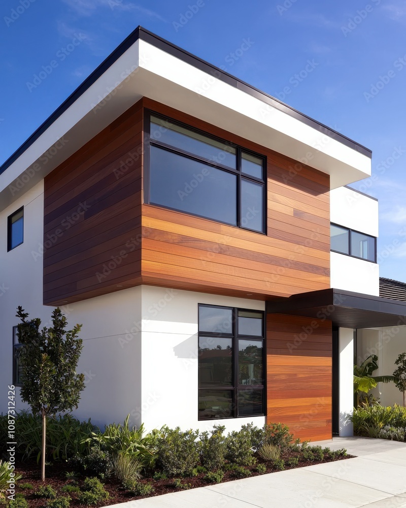 A modern house featuring a mix of wood and white exterior with large windows, surrounded by greenery and a clear blue sky. A modern house featuring a mix of wood and white exterior with large windows, surrounded by greenery and a clear blue sky.
