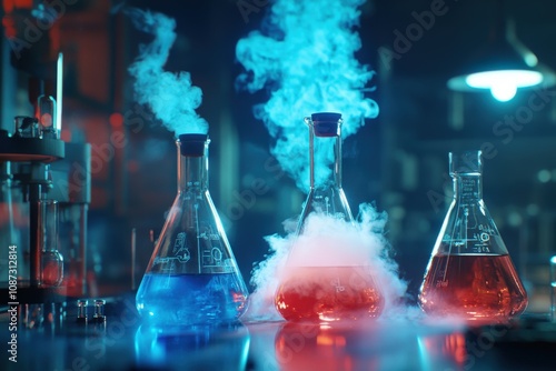 A lab table with a beaker of liquid and a beaker of smoke