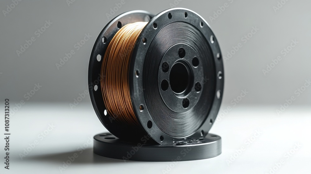 Copper wire spool displayed on a light surface with a smooth texture and muted background Copper wire spool displayed on a light surface with a smooth texture and muted background