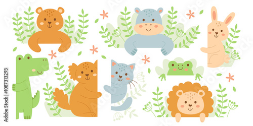 Photography Cute wild animals baby characters peeking out from behind natural banners floral