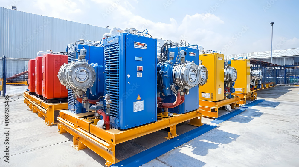 Industrial Machinery Row on a Concrete Platform with a Blue Sky Background Industrial Machinery Row on a Concrete Platform with a Blue Sky Background