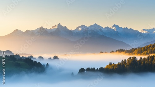 Wallpaper Mural A serene valley covered in fog greets the sunrise, revealing a stunning mountain range and lush green trees in the foreground. Generative AI Torontodigital.ca