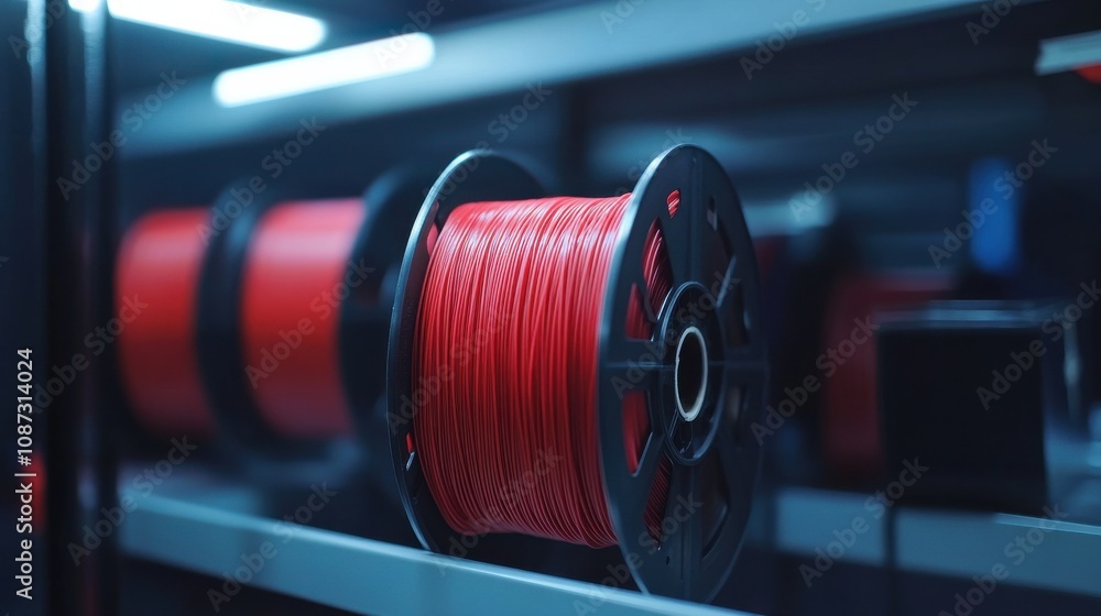Red wire spools neatly arranged on shelves in a workshop with soft lighting Red wire spools neatly arranged on shelves in a workshop with soft lighting