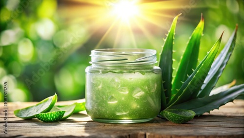 A glass jar filled with a soothing aloe vera gel, surrounded by fresh green leaves, bathed in the warm glow of sunlight.  The gel, a translucent green, promises rejuvenation and natural beauty. photo