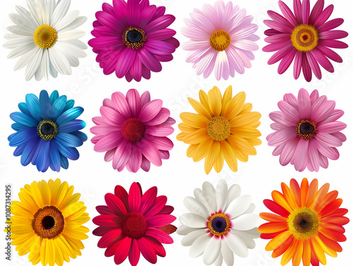 Set of colorful daisies isolated on a white background, vector illustration with simple lines, flat design, no shadows, no 3D effect, no gradient, white background,