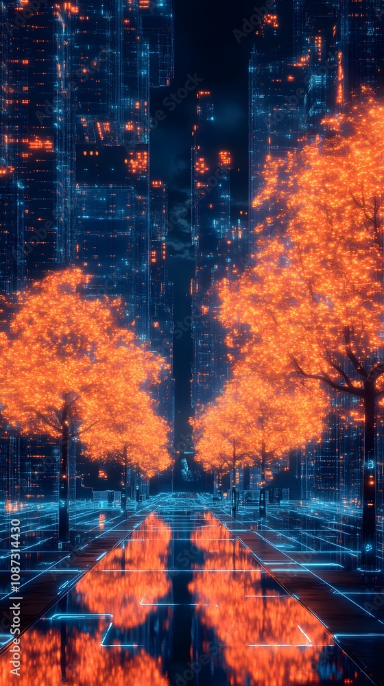 A cyberpunk post-apocolypse city landscape with neon orange trees and glowing lights A cyberpunk post-apocolypse city landscape with neon orange trees and glowing lights