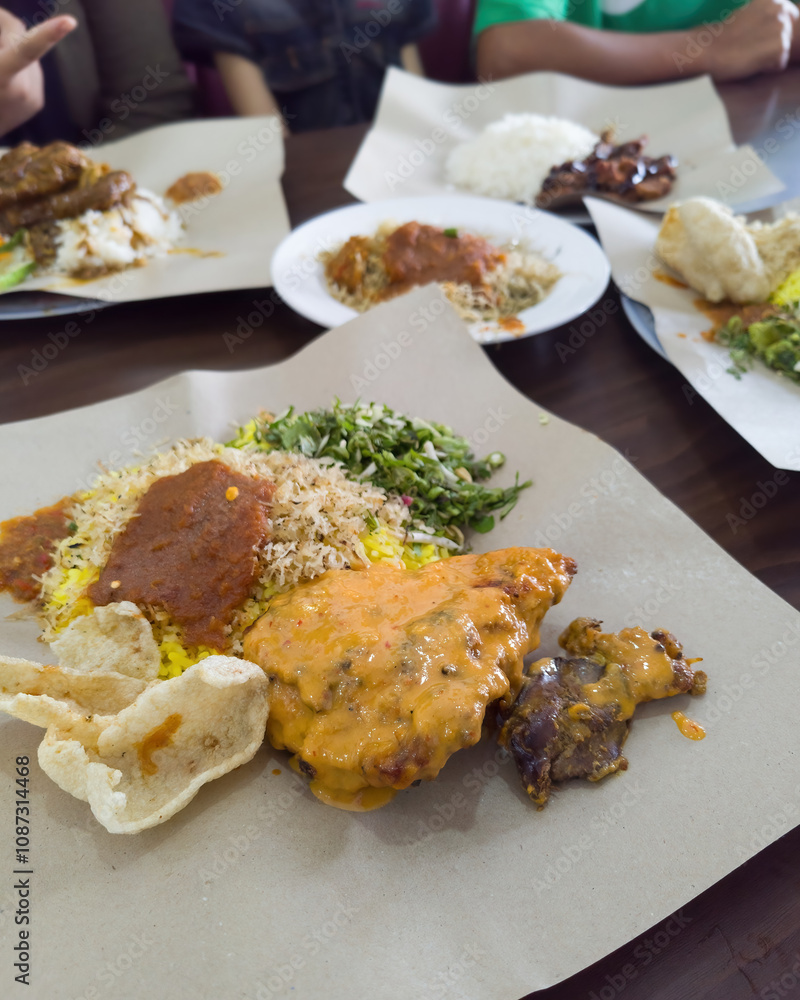 Asian food known as Nasi Kerabu, a blue rice, serve with authentic
