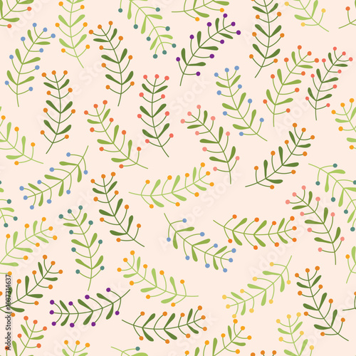 Cartoon illustrated seamless vector pattern with wild plants and berries on pink background