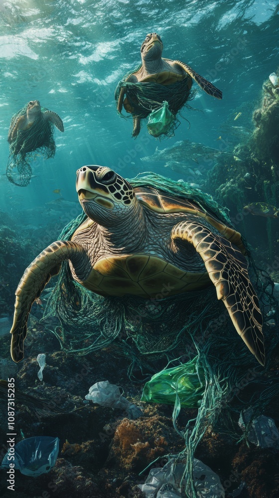 Obraz premium Sea Turtles Navigating Through Ocean Pollution