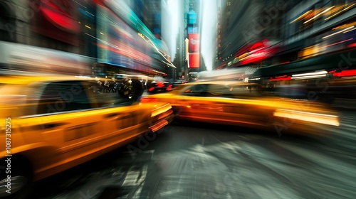 A dynamic city scene featuring yellow taxis in motion, capturing the vibrant energy of urban life.