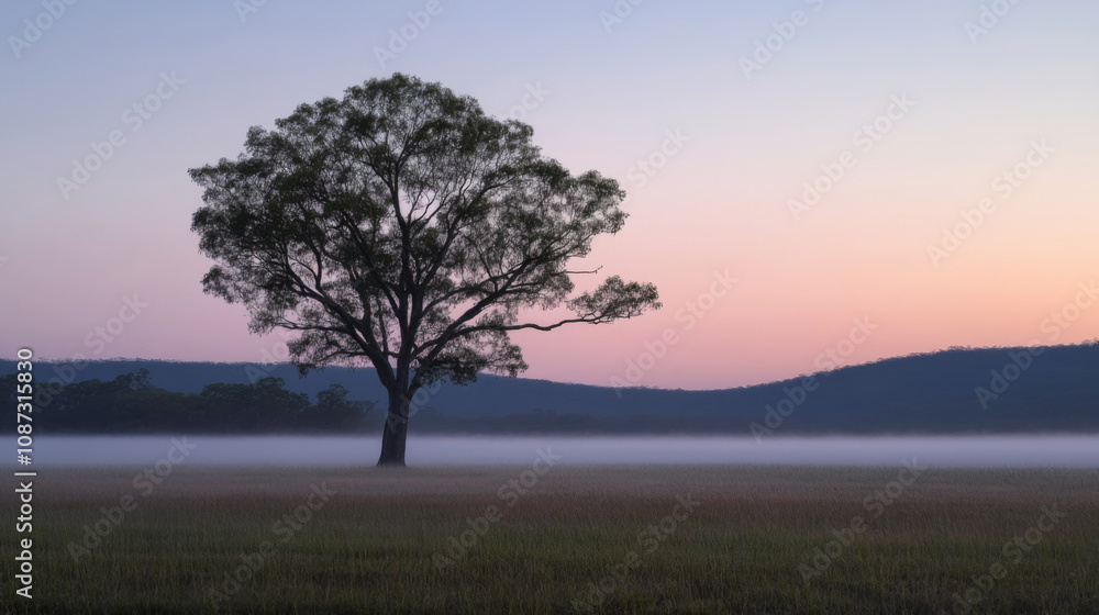 Peaceful morning mist in rural setting with lone tree Peaceful morning mist in rural setting with lone tree