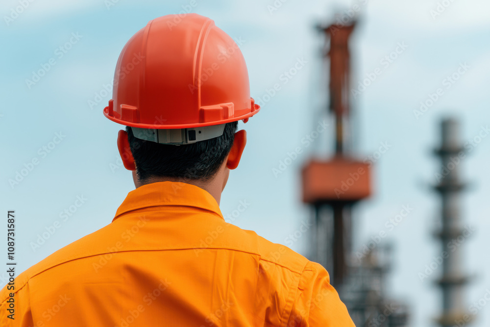 A worker in an orange uniform and hard hat observes an industrial site, highlighting safety and diligence in the oil and gas industry. A worker in an orange uniform and hard hat observes an industrial site, highlighting safety and diligence in the oil and gas industry.