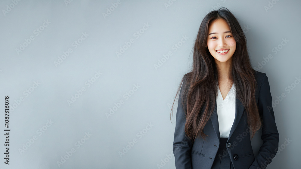 Chinese business woman in suit blazer isolated on gray, lawyer secretary Chinese business woman in suit blazer isolated on gray, lawyer secretary