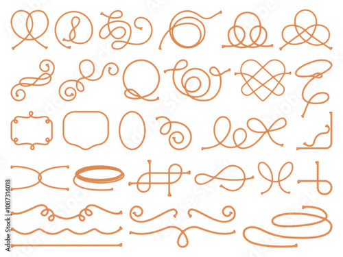 Cartoon rope knots. Cord braided string pieces elements, loop lasso thread cable cords nautical knot node tie bend noose twisted shape marine ship, set swanky vector illustration